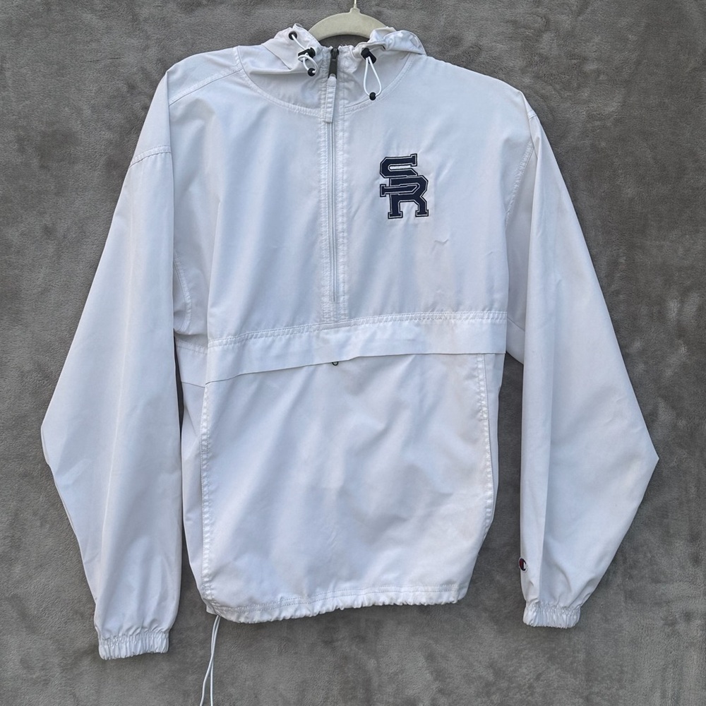 Champion woman’s White hooded windbreaker jacket with SR Logo size S